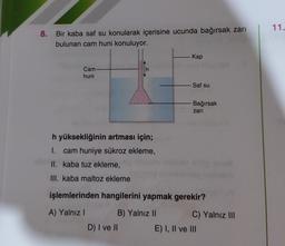 11.
8.
Bir kaba saf su konularak içerisine ucunda bağırsak zarı
bulunan cam huni konuluyor.
Kap
Cam
huni
Saf su
Bağırsak
zari
h yüksekliğinin artması için;
I. cam huniye sükroz ekleme,
II. kaba tuz ekleme,
III. kaba maltoz ekleme
işlemlerinden hangilerini yapmak gerekir?
A) Yalnız! B) Yalnız II
C) Yalnız III
D) I ve II E) I, II ve III
