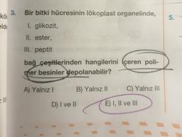 3.
Bir bitki hücresinin lökoplast organelinde,
kök
5.
elde
I. glikozit,
II. ester,
III. peptit
bağ çeşitlerinden hangilerini içeren poli-
mer besinler depolanabilir?
A) Yalnız
B) Yalnız ||
C) Yalnız 11
D) I ve II
E) I, II ve III
