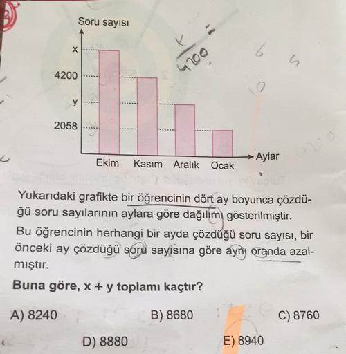 Soru sayısı
X
6
4200
4700
y
2058
C
→ Aylar
Ekim
Kasım Aralık
Ocak
Yukarıdaki grafikte bir öğrencinin dört ay boyunca çözdü-
ğü soru sayılarının aylara göre dağılımı gösterilmiştir.
Bu öğrencinin herhangi bir ayda çözdüğü soru sayısı, bir
önceki ay çözdüğü