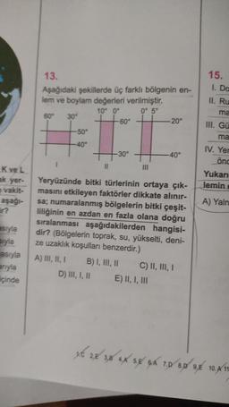 15.
1. Da
13.
Aşağıdaki şekillerde üç farklı bölgenin en-
lem ve boylam değerleri verilmiştir.
10° 0° 0° 5°
60° 30
-60°
-20°
-50°
II. Ru
ma
III. Gü
ma
-40°
-30°
-40°
IV. Yer
önd
II
III
Kve L
ak yer-
e vakit-
aşağı-
Yukarı
lemin
A) Yaln
esryla
Blyla
asıyla
