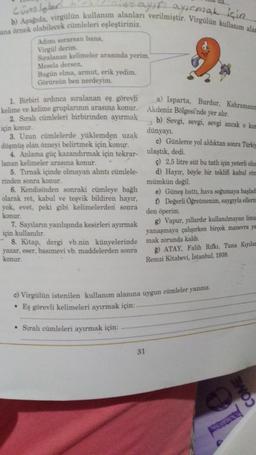 yak2 akcia
b) Aşada, virgulan kullanım alanları verilmiştir. Virgülün kullanım alar
wa Island
una arnek olabilecek eümleleri eşleştiriniz.
Adımı sorarsan bana,
Virgul derim
Sıralanan kelimeler arasında yerim.
Mesela dersen,
Bugun elma, armut, erik yedim.
Görürsün ben nerdeyim.
1. Birbiri ardınca sıralanan eş görevli
kelime ve kelime gruplarının arasına konur.
2. Surah cümleleri birbirinden ayırmak
a) Isparta, Burdur, Kahramanm
Akdeniz Bölgesi'nde yer alır.
b) Sevgi, sevgi, sevgi ancak o kur
dünyayı
c) Günlerce yol aldıktan sonra Türkiy
için konur
3. Uzun cümlelerde yüklemden uzak
düşmüş olan öneyi belirtmek için konur.
4. Anlama güç kazandırmak için tekrar ulaştık, dedi.
lanan kelimeler arasına konur.
$) 2,5 litre süt bu tatlı için yeterli olum
5. Tumak içinde olmayan alıntı cümlele- d) Hayır, böyle bir teklifi kabul etm
rinden sonra konur.
mümkün değil.
6. Kendisinden sonraki cümleye bağlı
e) Güneş batti, hava soğumaya başlad
olarak ret, kabul ve teşvik bildiren hayır,
yok, evet, peki gibi kelimelerden sonra
Değerli Öğretmenim, saygıyla ellerin
konur
den operim
7. Sayıların yanhşında kesirleri ayırmak
g) Vapur, yıllardır kullanılmayan lima
için kullanılır.
yanaşmaya çalışırken birçok manevra ya
8. Kitap, dergi vb.nin künyelerinde mak zorunda kaldı.
yazar, eser, basımevi vb. maddelerden sonra
konur
DATAY, Falih Rifki. Tuna Kiyila
Remzi Kitabevi, Istanbul, 1938.
e) Virgülün istenilen kullanım alanına uygun cümleler yanınız.
• Es görevli kelimeleri ayırmak için:
• Sıralı cümleleri ayırmak için:
31
COME
