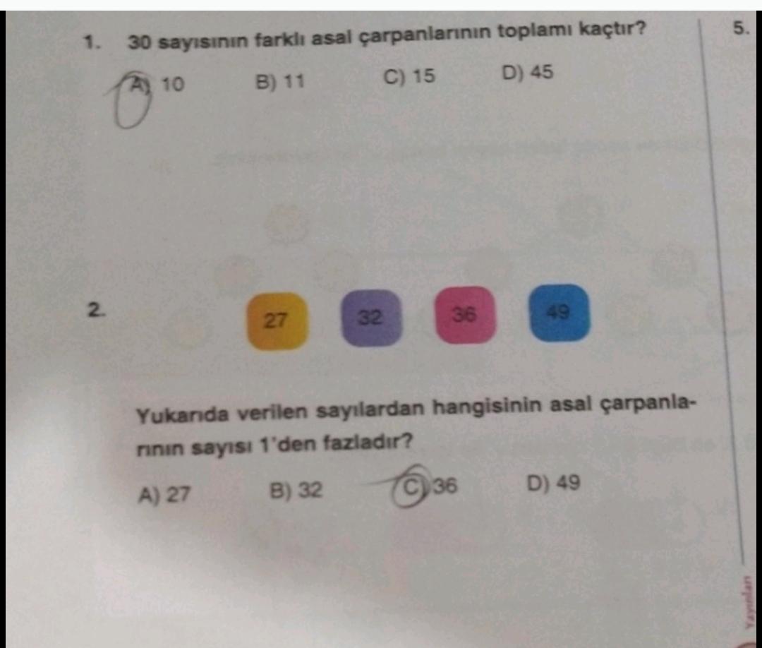 5 1 30 sayisinin farkli asal carpanlari ortaokul matematik