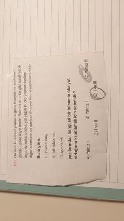 17. Canlılar hücresel yapısına göre ökaryot ve prokaryot
olmak üzere ikiye ayrılır. Bakteri ve arke gibi basit yapılı
organizmalar prokaryot yapılı hücre yapısındayken
diğer alemlere ait canlılar ökaryot hücre yapısındadırlar.
Buna göre,
1. hücre zari,
Il sitoplazma,
III. çekirdek
yapılarından hangileri bir hücrenin ökaryot
olduğunu kanıtlamak için yeterlidir?
A) Yalnız!
B) Yalnız II
C) Yalnız III
D) I ve II
E) I ve III
