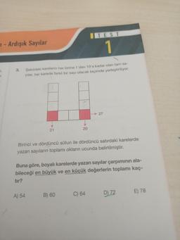 TEST
1 - Ardışık Sayılar
1
3.
Sekildeki karelerin her birine 1'den 10'a kadar olan tam sa-
yolar, her karede farklı bir sayı olacak biçimde yerleştiriliyor.
- 27
21
20
Birinci ve dördüncü sütun ile dördüncü satırdaki karelerde
yazan sayıların toplamı okların ucunda belirtilmiştir.
Buna göre, boyalı karelerde yazan sayılar çarpımının ala-
bileceği en büyük ve en küçük değerlerin toplamı kaç-
tir?
A) 54
B) 60
E) 78
C) 64
D) 72
