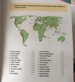 3. Aşağıdaki haritada numaralarla gösterilen yerlerde bulunan dağlar, boğazlar ve
kanalları belirtiniz.
10
17-
16
19
12
21
13
3
23
14
.15
20
• Kayalık Dağları
. Apalaş Dağları
• And Dağları
• Atlas Dağları
• Himalaya Dağları
• Zoğros Dağları
• Kafkas Dağları
• Alp Dağları
• İskandinav Dağları
• Urallar
• Altay Dağları
00000000000
• Hürmüz Boğazı
• Babülmendep Boğazı
• Mozambik Boğazı
• Ümit Burnu
• Cebelitarık Boğazı
• Dover Boğazı
• Kiel Kanali
Süveyş kanali
• Macellan Boğazı
• Panama Kanalı
• Bering Boğazi
• Malaka Boğazı
000000000000
.
