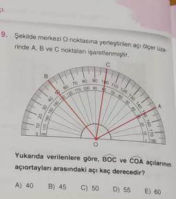 1
9. Şekilde merkezi O noktasına yerleştirilen açı ölçer üze-
rinde A, B ve C noktaları İşaretlenmiştir.
C
B
30 40 0 60 70 80 90 100 110 120 130 140 160
150 140 110 120 110100907050
5040
ini
lo 10 20 30
170 160 150
20_10
180
o
Yukarıda verilenlere göre, BOC ve COA açılarının
açıortayları arasındaki açı kaç derecedir?
A) 40
B) 45
C) 50
D) 55
E) 60
