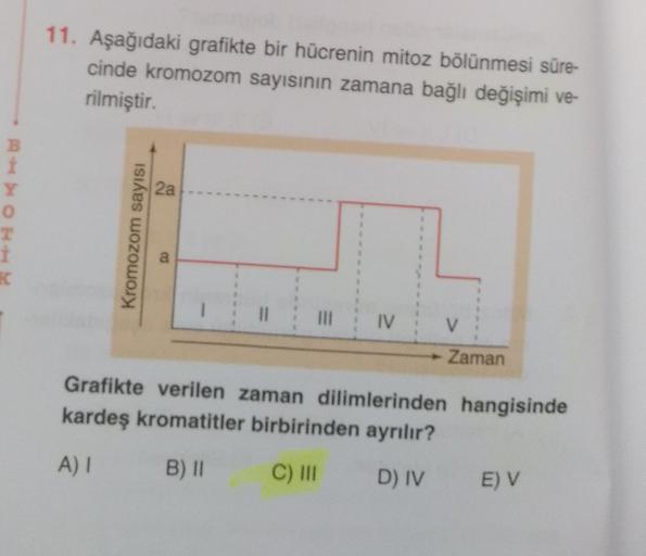11. Aşağıdaki grafikte bir hücrenin mitoz bölünmesi süre-
cinde kromozom sayısının zamana bağlı değişimi ve-
rilmiştir.
2a
Y
o
3
Kromozom sayısı
IV
V
Zaman
Grafikte verilen zaman dilimlerinden hangisinde
kardeş kromatitler birbirinden ayrılır?
A)
B)
C) III