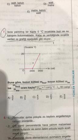 C)
watt kelvin
kelvin
watt
D)
metre
E)
metre kelvin
watt
©
7. Isıca yalıtılmış bir kapta 0 °C sıcaklıkta buz ve su
karışımı bulunmaktadır. Kaba isi verildiğinde sıcaklık
verilen isi grafiği aşağıdaki gibi oluyor.
Sıcaklık °C
20
y
Isı (cal)
O
2400
3400
Buna göre, buzun kütlesi mbuz, suyun kütlesi msu
TÜMLER YAYINLARI
mbuz
ise
msu
oranı kaçtır? (Csu = 1 cal/g °C, Le 80 cal/g)
A)
NIC
B)
3
5
C) D)
2
3
E)
E)
wlor
8. Termuslar işıma yoluyla ısı kaybını engellemeye
calışan ürünlerdir.
II. Çift camlı
pencerelerde hava yalıtım malzemesi
olarak kullanılır ve isinin iletim yoluyla kaybı azalt-
maya çalışılır.
ohl 0
TH, Elektronik devre elemanlarının isinmasını engelle-
ilotim
