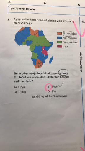 A
A
A
TYT/Sosyal Bilimler
9.
Aşağıdaki haritada Afrika ülkelerinin yıllık nüfus artış
oranı verilmiştir.
10.
%1-%2 atasi
%2 - %3 arası
%3-%4 arası
+%4
MUBA YAYINLARI
Buna göre, aşağıda yıllık nüfus artış oranı
%1 ile %2 arasında olan ülkelerden hangisi
verilmemiştir?
A) Libya
C) Tunus
B) Misir
D) Fas
E) Güney Afrika Cumhuriyeti