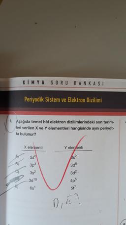KİMYA SORU
BANKASI
Periyodik Sistem ve Elektron Dizilimi
1. Aşağıda temel hâl elektron dizilimlerindeki son terim-
leri verilen X ve Y elementleri hangisinde aynı periyot-
ta bulunur?
X elementi
Y elementi
AY
2s2
Bs2
B)
3p3
305
302
3s2
3010
4p5
E)
6s1
577
DIE?