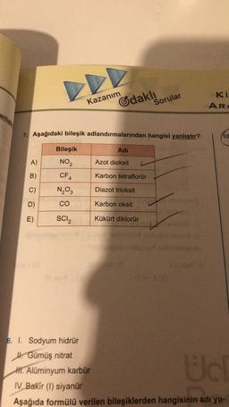 DDV
Kazanım
Gdakli
Sorular
Ki
AR.
7. Aşağıdaki bileşik adlandırmalarından hangisi yanlıştır?
ho
Bileşik
Adi
A)
NO2
Azot dioksit
B)
CFA
Karbon tetraflorür
C)
N2O3
Diazot trioksit
D)
CO
Karbon oksit
E)
SCIZ
Kükürt diklorür
B. I. Sodyum hidrür
Hi Gümüş nitrat
Hr. Alüminyum karbür
IV. Bakir (1) siyanür
Aşağıda formülü verilen bileşiklerden hangisinin adı yu-
Ed