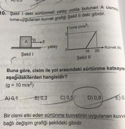 10. Şekili deki sürtünmeli yatay yolda bulunan A cisminin
ivme-uygulanan kuvvet grafiği Şekil II deki gibidir.
Ivme (m/s)
2
AP
F
yatay
Kuvvet (N)
0
20
Şekil 1
16
Şekil 11
Buna göre, cisim ile yol arasındaki sürtünme katsayısı
aşağıdakilerden hangisidir?
(g = 10 m/s2)
A) 0,1
B) 0,3
C) 0,5
D) 0,8
E) O.
Bir cismi etki eden sürtünme kuvvetinin uygulanan kuvve
bağlı değişim grafiği şekildeki gibidir.
