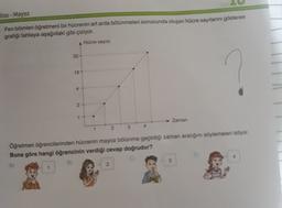 itoz - Mayoz
Fen bilimleri öğretmeni bir hücrenin art arda bölünmeleri sonucunda oluşan hücre sayılarını gösteren
grafiği tahtaya aşağıdaki gibi çiziyor.
Hücre sayisi
32
16
4
2
1
Zaman
2
Öğretmen öğrencilerinden hücrenin mayoz bölünme geçirdiği zaman aralığını söylemeleri istiyor.
Buna göre hangi öğrencinin verdiği cevap doğrudur?
A)
B)
2
