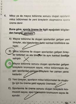 i
i
Mitoz ya da mayoz bölünme sonucu oluşan sporların
mitoz bölünmesi ile yeni bireylerin oluşmasına sporia
üreme denir.
Buna göre, sporla üreme ile ilgili aşağıdaki bilgiler
den hangisi yanlıştır?
A) Mayoz bölünme ile oluşan sporlardan gelişen yeni
bireyler, ata bireylerden farklı kalıtsal özelliklere sa-
hiptir.
B) Mitoz bölünme ile oluşan sporlardan gelişen birey-
ler birbirleri ve ata bireyleri ile aynı kalıtsal özelliğe
sahiptir.
x
C) Mayoz bölünme sonucu oluşan sporlardan gelişen
bireylerin kromozom sayısı, mitoz bölünmeyle olu-
şan sporlardan gelişen bireylerin her zaman yarısı
kadardır.
D) Yeni bireyler, sporların mitoz bölünmeleri ile oluştu-
ğu için bu üreme şekli eşeysiz üremedir.
E) Sporlanma ile üreme sonucu oluşan bireylerin kro-
mozom sayısı, spor hücresinin kromozom sayısı ile
aynıdır.
