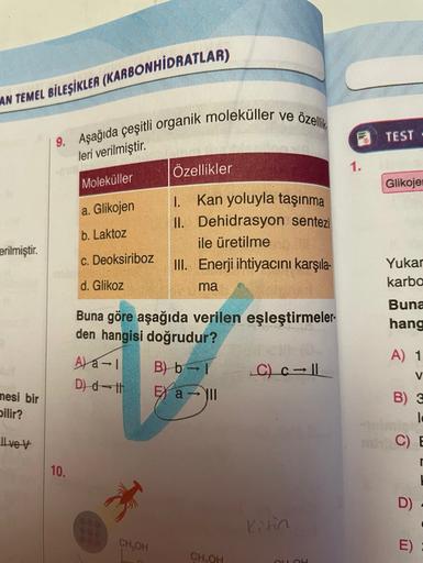 AN TEMEL BİLEŞİKLER (KARBONHİDRATLAR)
9. Aşağıda çeşitli organik moleküller ve özellik
TEST -
leri verilmiştir.
Özellikler
1.
Moleküller
Glikoje
a. Glikojen
b. Laktoz
I.
Kan yoluyla taşınma
II. Dehidrasyon sentezi
ile üretilme
III. Enerji ihtiyacını karşıl