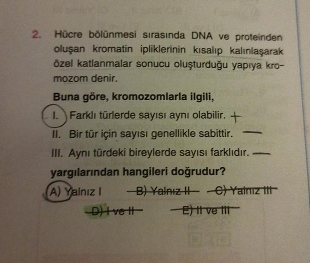 2. Hücre bölünmesi sırasında DNA ve proteinden
oluşan kromatin ipliklerinin kısalıp kalınlaşarak
özel katlanmalar sonucu oluşturduğu yapıya kro-
mozom denir.
Buna göre, kromozomlarla ilgili,
1. Farklı türlerde sayısı aynı olabilir. +
II. Bir tür için sayıs