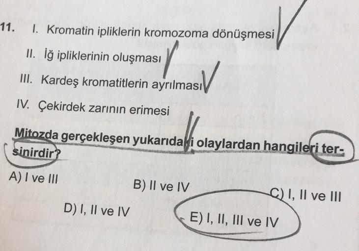 11.
1. Kromatin ipliklerin kromozoma dönüşmesi
II. iğ ipliklerinin oluşması
III. Kardeş kromatitlerin ayrılması
IV. Çekirdek zarının erimesi
Mitozda gerçekleşen yukarıda i olaylardan hangileri ter-
sinirdir?
A) I ve III
B) II ve IV
C) I, II ve III
D) I, II