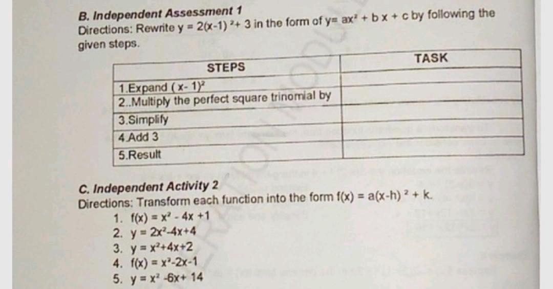 2 B Indopendent Assessment 1 Directions Rewrite Y Math