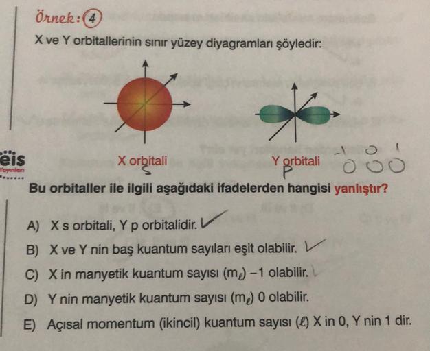 Örnek:
X ve Y orbitallerinin sınır yüzey diyagramları şöyledir:
X orbitali
Yoyinion
eis
Yorbitali
o
Bu orbitaller ile ilgili aşağıdaki ifadelerden hangisi yanlıştır?
A) X s orbitali, Y p orbitalidir.
B) X ve Y nin baş kuantum sayıları eşit olabilir. V
C) X