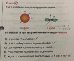 Örnek:
X ve Y orbitallerinin sınır yüzey diyagramları şöyledir:
X orbitali
Yoyinion
eis
Yorbitali
o
Bu orbitaller ile ilgili aşağıdaki ifadelerden hangisi yanlıştır?
A) X s orbitali, Y p orbitalidir.
B) X ve Y nin baş kuantum sayıları eşit olabilir. V
C) X in manyetik kuantum sayısı (me) - 1 olabilir.
D) Y nin manyetik kuantum sayısı (m) 0 olabilir.
E) Açısal momentum (ikincil) kuantum sayısı ( ) X in 0, Y nin 1 dir.
