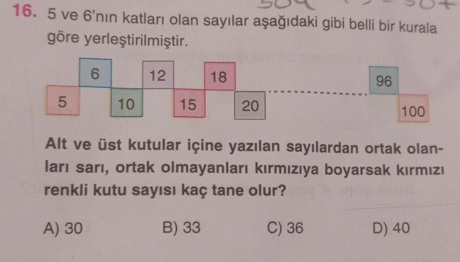 16. 5 ve 6'nın katları olan sayılar aşağıdaki gibi belli bir kurala
göre yerleştirilmiştir.
6
12
18
96
5
10
15
20
100
Alt ve üst kutular içine yazılan sayılardan ortak olan-
ları sarı, ortak olmayanları kırmızıya boyarsak kırmızı
renkli kutu sayısı kaç tan