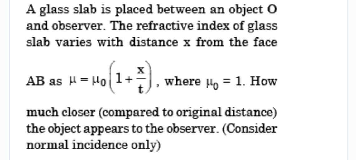 A glass slab is placed between an object O and obser... Physics