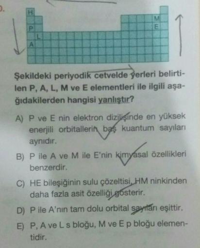..
H
M
E
Şekildeki periyodik cetvelde yerleri belirti-
len P, A, L, M ve E elementleri ile ilgili aşa-
ğıdakilerden hangisi yanlıştır?
A) P ve E nin elektron dizilişinde en yüksek
enerjili orbitallerin baş kuantum sayıları
aynıdır.
B) P ile A ve M ile E'ni