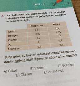 TEST - 2
3.
Bir bakterinin sitoplazmasındaki ve bırakıldığı
ortamdaki bazı besinlerin yoğunlukları aşağıdaki
tabloda verilmiştir.
Ortam
Sitoplazma
0,1
0,04
Glikoz
0,05
0,05
Glikojen
0,6
0,5
Vitamin
0,7
2
0,1
02
Amino asit
0,3
Buna göre, bu bakteri ortamdaki hangi besin mad-
desini sadece aktif taşıma ile hücre içine alabilir?
A) Glikoz B) Vitamin C) Glikojen
D) Oksijen E) Amino asit
