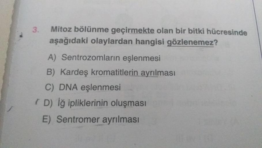 3. Mitoz bölünme geçirmekte olan bir bitki hücresinde
aşağıdaki olaylardan hangisi gözlenemez?
A) Sentrozomların eşlenmesi
B) Kardeş kromatitlerin ayrılması
C) DNA eşlenmesi
ID) iğ ipliklerinin oluşması
E) Sentromer ayrılması
