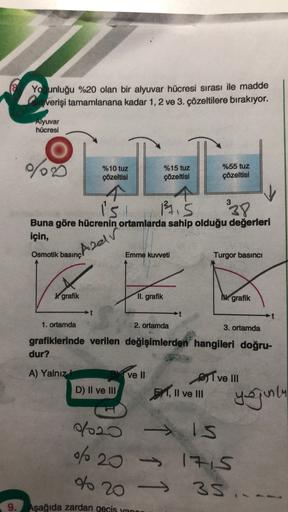 Younluğu %20 olan bir alyuvar hücresi sırası ile madde
leverişi tamamlanana kadar 1, 2 ve 3. çözeltilere bırakıyor.
Alyuvar
hücresi
%0
%10 tuz
çözeltisi
%15 tuz
çözeltisi
%55 tuz
çözeltisi
3
is
ES
39
Buna göre hücrenin ortamlarda sahip olduğu değerleri
içi