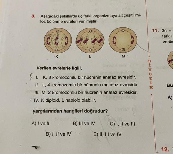 8.
Aşağıdaki şekillerde üç farklı organizmaya ait çeşitli mi-
toz bölünme evreleri verilmiştir.
11. 2n =
farklı
verilm
C
K
L
M
ROH
Verilen evrelerle ilgili,
ri I. K, 3 kromozomlu bir hücrenin anafaz evresidir.
II. L, 4 kromozomlu bir hücrenin metafaz evres