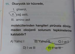 11. Ökaryotik bir hücrede,
I. gliserol,
II. yağ asiti,
III. amino asit
moleküllerinden hangileri pirüvata dönüş-
meden oksijenli solunum tepkimelerine
katılabilir?
A) Yalnız!
B) Yalnız II
C) I ve II
D I ve III
E) Il ve itt
