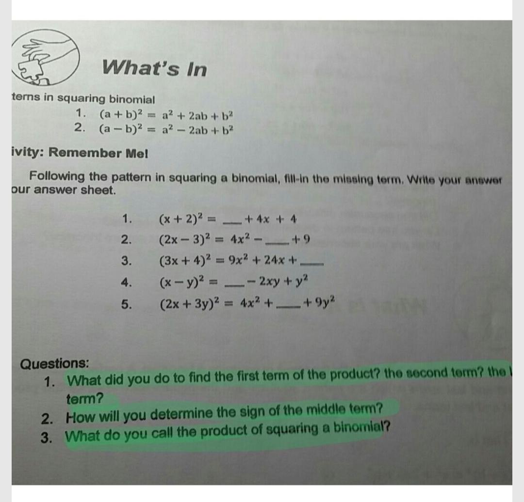What S In Terns In Squaring Binomial 1 A B 2 Math