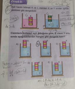 2
Örnek 9:
desch
Eşit hacim bölmeli K ve L cisimleri X ye Y sıvıları içinde
şekildeki gibi dengededir.
G
K
(S07
G
dom
ma Budy
madu
vdy
Y
me=mL
xdk
ogs
Cisimlerin kütleleri eşit olduğuna göre, K cismi Y SIV-
sinda aşağıdakilerden hangisi gibi dengede kalır?
K
A)
B)
C)
K
Y
D)
Vibutes = drishdan
Vaisim
Jow
UE
3d
3 -
I dx = G)
Y
dx
m=Gode = 3.8. de
kr 3d , JL - GO
