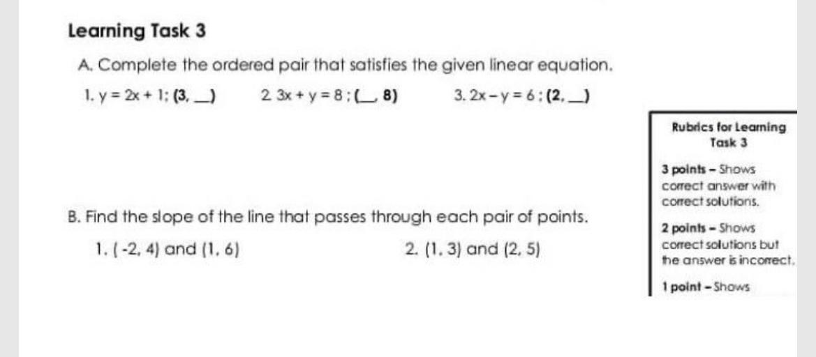 Learning Task 3 A. Complete the ordered pair that satis... Math