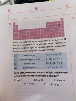 B
B
B
14.
13.
y soniadue sub
Z
XY Q
T
Periyodik sistemde yerleri gösterilen X, Y, Z, T ve Q
element atomlarının atom yarıçapı, birinci iyonlaşma
enerjisi, elektron ilgisi ve elektronegatiflik değerlerinin
karşılaştırılması aşağıdaki tabloda verilmiştir.
1.
T>X> Y>Q>Z
Atom yarıçapı
Z>Q>X>Y >T
II.
Birinci iyonlaşma enerjisi
III.
Q>Z>X>Y>T
Elektron ilgisi
IV.
Elektronegatiflik
Z>Q> Y>X>T
Buna göre, bu element atomları ile ilgili tabloda veri-
len karşılaştırmalardan hangileri doğrudur?
A) I ve II
B) II ve III C) Il ve IV
D) I, II ve IV E) I, II, III ve IV
