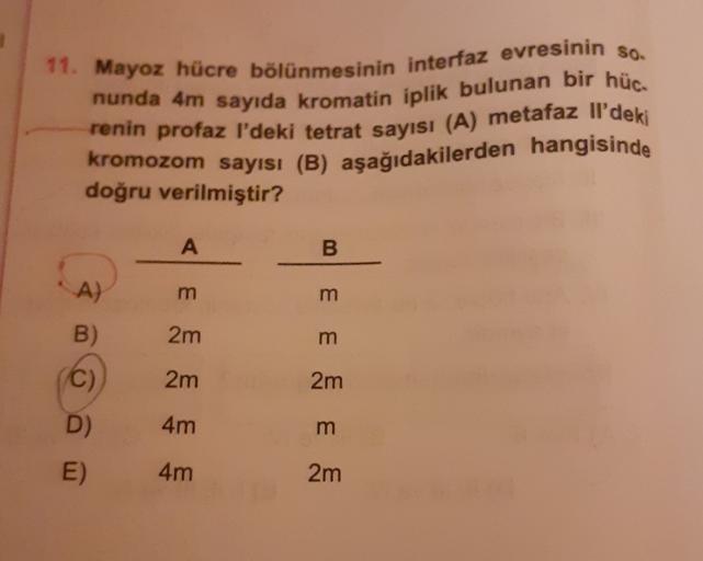 11. Mayoz hücre bölünmesinin interfaz evresinin so
nunda 4m sayıda kromatin iplik bulunan bir hüce
renin profaz I'deki tetrat sayısı (A) metafaz IP'deki
kromozom sayısı (B) aşağıdakilerden hangisinde
doğru verilmiştir?
A
B
A)
m
B
2m
m
C)
2m
2m
D)
4m
m
E)
4