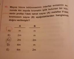 11. Mayoz hücre bölünmesinin interfaz evresinin so
nunda 4m sayıda kromatin iplik bulunan bir hüce
renin profaz I'deki tetrat sayısı (A) metafaz IP'deki
kromozom sayısı (B) aşağıdakilerden hangisinde
doğru verilmiştir?
A
B
A)
m
B
2m
m
C)
2m
2m
D)
4m
m
E)
4m
2m