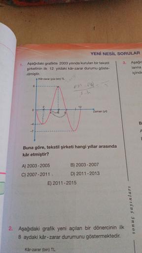 YENİ NESİL SORULAR
3.
1.
Aşağıdaki grafikte 2003 yılında kurulan bir tekstil
şirketinin ilk 12 yıldaki kâr-zarar durumu göste-
rilmiştir.
Kar-zarar (yüz bin TL
Aşağı
larina
içinde
6
+91-11
8-h
12
0
Zaman (y)
B
-7
A
E
Buna göre, tekstil şirketi hangi yıllar