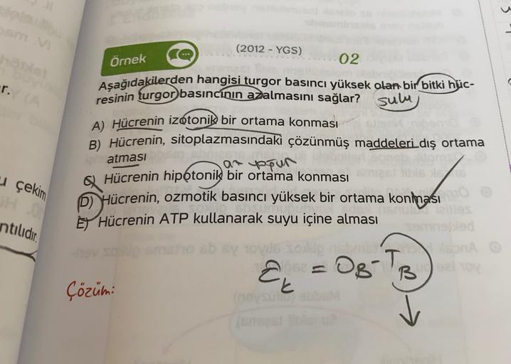 Örnek
r.
(2012 - YGS)
02
Aşağıdakilerden hangisi turgor basıncı yüksek olan bir bitki hüc-
resinin turgor basıncının azalmasını sağlar? sulu
A) Hücrenin izotonika bir ortama konması
B) Hücrenin, sitoplazmasındaki çözünmüş maddeleri dış ortama
a opus
Hücren