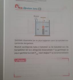 Huset
Öğreten Soru 5
Musluk
ip
cisim
3d
WINDOW)
yay
Şekildeki düzenekte ipe ve yaya bağlanan cisim 3d özkütleli sivi
içerisinde dengededir.
Musluk açıldığında kaba d özkütleli ve 3d özkütleli sivi ile
karışabilen bir sivi aktığında düzenekteki Tip gerilmesi ve
yayın gerilme kuvveti F. nasıl değişir? (ip esnememektedir)
yay
) Cozum