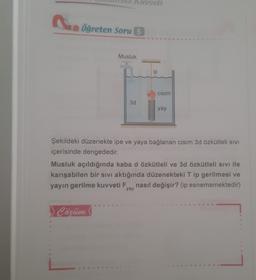 Huset
Öğreten Soru 5
Musluk
ip
cisim
3d
WINDOW)
yay
Şekildeki düzenekte ipe ve yaya bağlanan cisim 3d özkütleli sivi
içerisinde dengededir.
Musluk açıldığında kaba d özkütleli ve 3d özkütleli sivi ile
karışabilen bir sivi aktığında düzenekteki Tip gerilmesi ve
yayın gerilme kuvveti F. nasıl değişir? (ip esnememektedir)
yay
) Cozum
