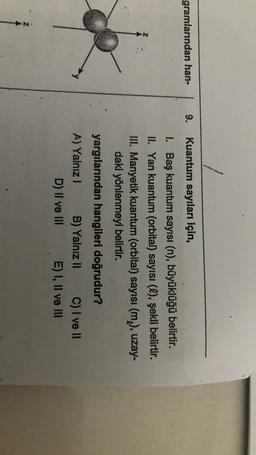 gramlarından han-
9.
Kuantum sayıları için,
1. Baş kuantum sayısı (n), büyüklüğü belirtir.
II. Yan kuantum (orbital) sayısı (l), şekli belirtir.
III. Manyetik kuantum (orbital) sayısı (m), uzay-
daki yönlenmeyi belirtir.
yargılarından hangileri doğrudur?
A) Yalnız! B) Yalnız II C) I ve II
D) II ve II E) I, II ve III
Z
