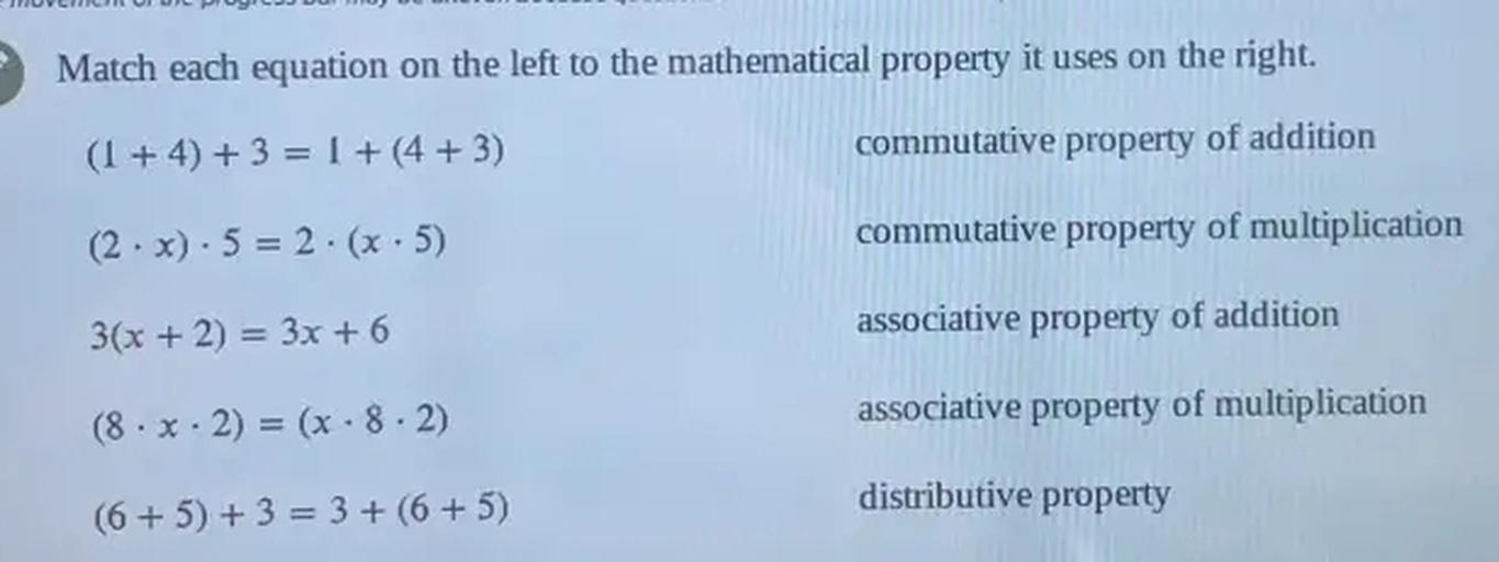 Match each equation on the left to the mathematical pro... Math