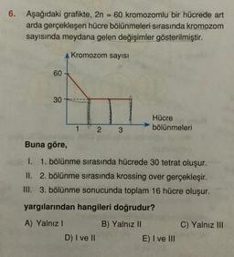 6.
Aşağıdaki grafikte, 2n = 60 kromozomlu bir hücrede art
arda gerçekleşen hücre bölünmeleri sırasında kromozom
sayısında meydana gelen değişimler gösterilmiştir.
A Kromozom sayısı
60
30
Hücre
bölünmeleri
1
2.
3
Buna göre,
I. 1. bölünme sırasında hücrede 30 tetrat oluşur.
II. 2. bölünme sırasında krossing over gerçekleşir.
III. 3. bölünme sonucunda toplam 16 hücre oluşur.
yargılarından hangileri doğrudur?
A) Yalnız!
C) Yalnız III
B) Yalnız II
E) I ve III
D) I ve 11
