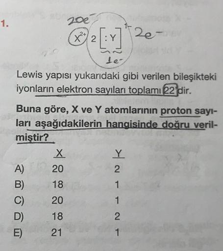 1.
200
(X2:Y
2
[Y]
2e-
le-
Lewis yapısı yukarıdaki gibi verilen bileşikteki
iyonların elektron sayıları toplamı22 dir.
Buna göre, X ve Y atomlarının proton sayı-
ları aşağıdakilerin hangisinde doğru veril-
miştir?
X
Y
A) 20
2
B)
1
C) 20
1
D) 18
2
E) 21
1
1