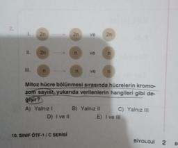 2.
I.
2n
2n
ve
2n
II.
2n
ve
n
III.
n
n
ve
Mitoz hücre bölünmesi sırasında hücrelerin kromo-
zom sayısı, yukarıda verilenlerin hangileri gibi de-
ğişir?
A) Yalnız 1 B) Yalnız II C) Yalnız III
D) I ve II
E) I ve III
10. SINIF ÖTF-1/C SERİSİ
BİYOLOJİ
2
B