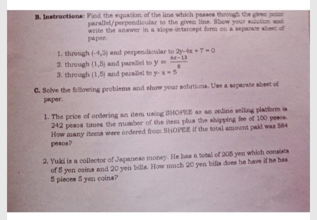 B Instructions Find The Equation Of The Line Which Pa Math