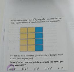 Aşağıdaki tabloda 1 den 9 a kadar olan rakamlardan biri
mavi kutulardan birine diğerleri sarı kutulara yazılacaktır.
Her satırda sarı kutularda yazan sayıların toplamı mavi
kutuda yazılı sayıya eşittir.
Buna göre bu rakamlar kutulara en fazla kaç farklı şe-
kilde yazılabilir?
C) 29 D) 3.27
A) 3.29
B) 210
E) 26
