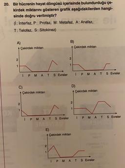 20. Bir hücrenin hayat döngüsü içerisinde bulundurduğu çe-
kirdek miktarını gösteren grafik aşağıdakilerden hangi-
sinde doğru verilmiştir?
(i: interfaz, P: Profaz, M: Metafaz, A: Anafaz,
T: Telofaz, S: Sitokinez)
A)
Çekirdek miktar
B)
Çekirdek miktari
N
2
1
A
i P M A T S Evreler
i P M A T S Evreler
C)
Çekirdek miktar
D)
Çekirdek miktarı
2
2
1
1
i P M A T S Evreler
i P M A T S Evreler
E)
Çekirdek miktari
2
1
i P M A T S Evreler